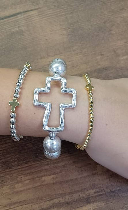 Paco Designs - Dainty Cross Accented Gold or Silver Beaded Bracelet: Silver