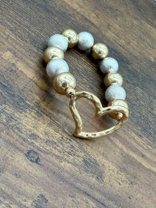 Paco Designs - Hammered Heart Chunky Two-tone Beaded Bracelet: Silver