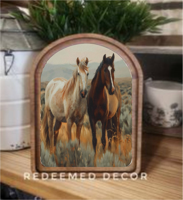 Redeemed Decor - Arch Top Two Horses Framed Art : 6x8"