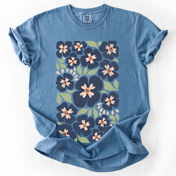 Refinery Number One LLC - Blue Wildflower Allover Floral, Vintage Boho, Nature T-Shirt: Brown / XL