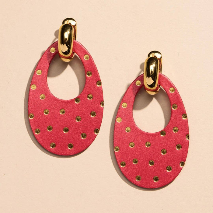 Nickel and Suede - Crimson Shimmer Polka Dot Olivia Leather Hoop Earrings