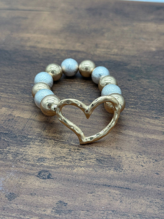 Paco Designs - Hammered Heart Chunky Two-tone Beaded Bracelet: Silver
