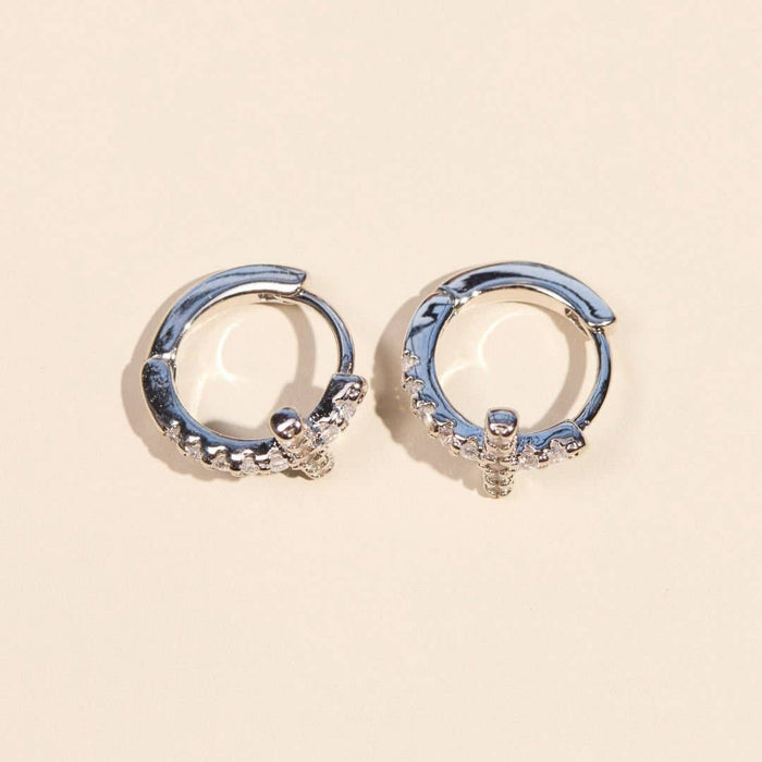 Nickel and Suede - Silver Waterproof Cross Huggie Earrings