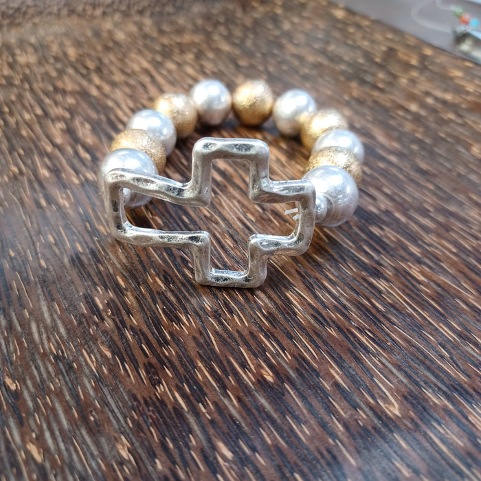 Paco Designs - Mixed Metal Beaded Stretch Cross Bracelet