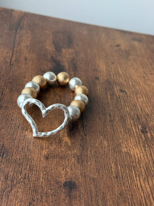 Paco Designs - Hammered Heart Chunky Two-tone Beaded Bracelet: Silver