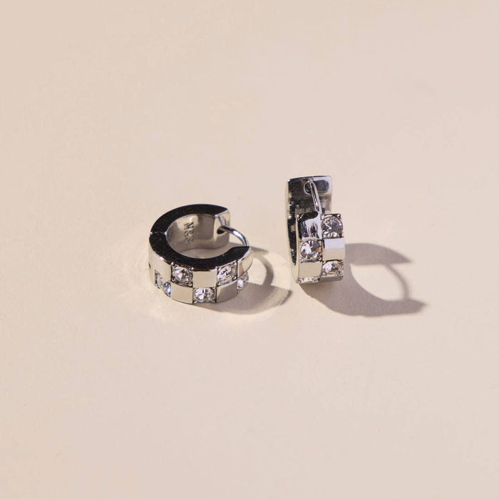 Nickel and Suede - Silver Pavé Checkered Huggies