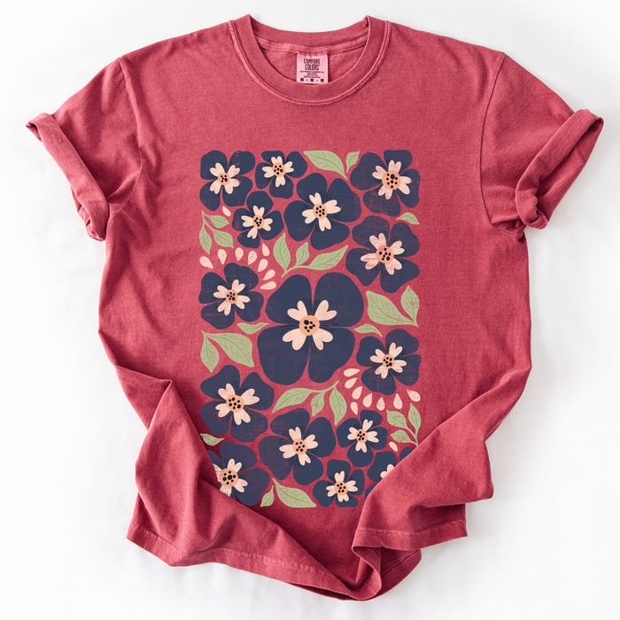 Refinery Number One LLC - Blue Wildflower Allover Floral, Vintage Boho, Nature T-Shirt: Brown / Medium
