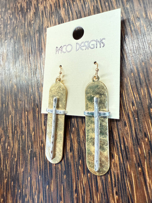 Paco Designs - Hammered Cross Oval Earrings: Gold
