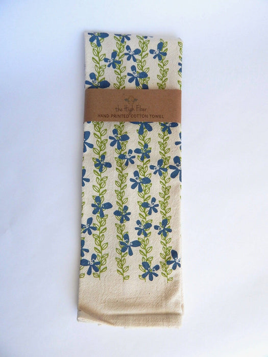 The High Fiber - Floral Kitchen Towel,  Handprinted Towel, Floral Vine: Dusty Blue and Green Vines on Natural