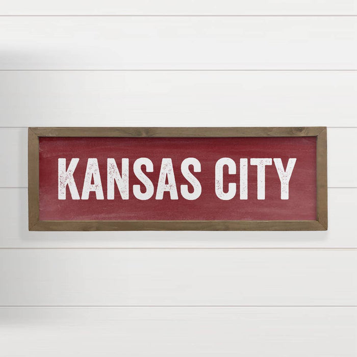 Hangout Home - Personalized City Sign - Vintage Block Red Kansas City Sign: 8x24" Long Canvas Art with Thick Wood Frame