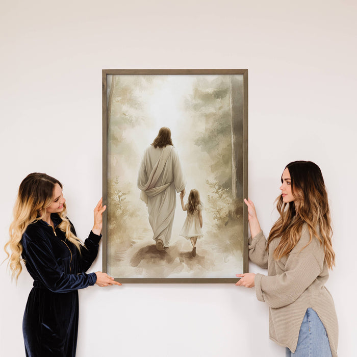 Hangout Home - Jesus Walking with Light Haired Girl - Jesus Canvas Art : 6x10" Mini Canvas Art with Wood Box Frame