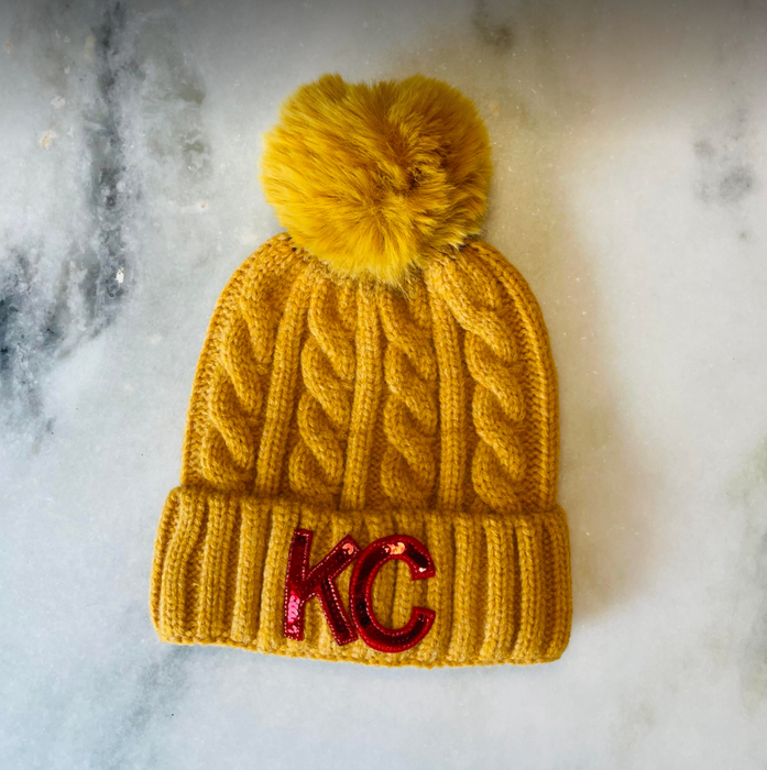 KC Bling Beanie: Mustard with Red KC